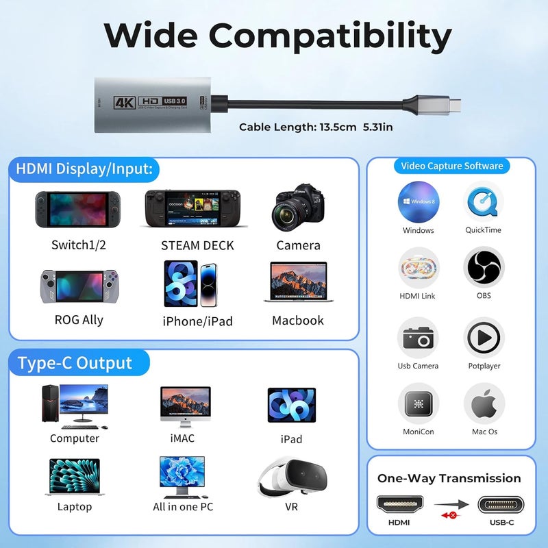 Guermok 4K USB3.0 Video Capture Card with PD 100W, 4K@60FPS or 2K@144FPS HDMI to USB-A/C Capture Card for Streaming, Works with Pad, Tablet, MacOS, Switch2/1, Laptop, PC, Camera, VR, Silver - Image 3
